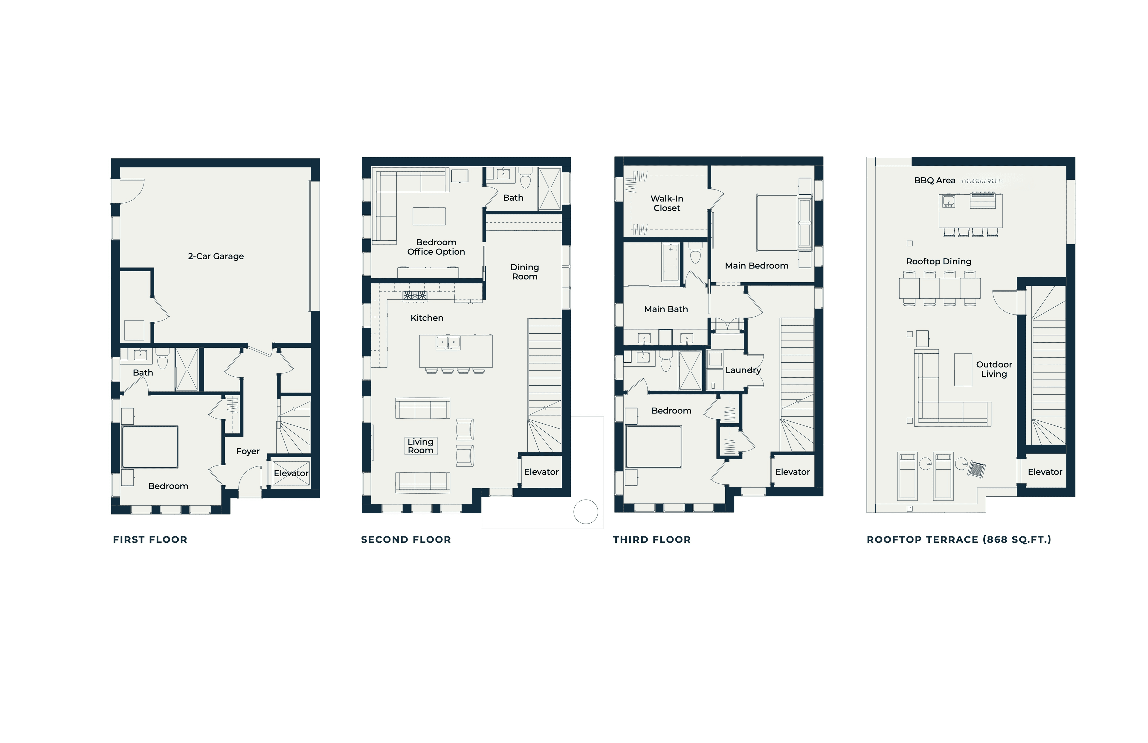 Watersedge floor plans — First Floor, Second Floor, Third Floor, and Rooftop Terrace